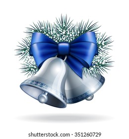 Silver bells with blue ribbon and fir branches. Vector illustration