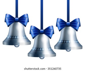 Silver bells with blue ribbon hanging on blue ribbons. Vector illustration