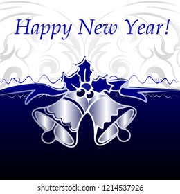 silver bells on blue background, new year card, vector illustration
