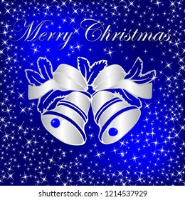 silver bells on blue background, new year card, vector illustration
