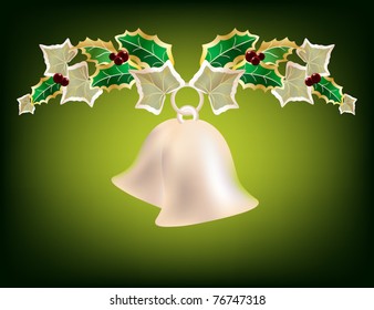 Silver bells suspended from holly and ivy garland EPS10