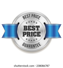 Silver best price badge with blue ribbon on white background