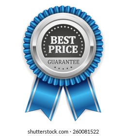 Silver best price badge with blue ribbon on white background