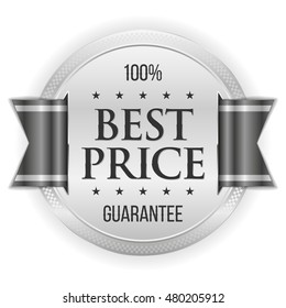 Silver best price badge / button with black ribbon on white background