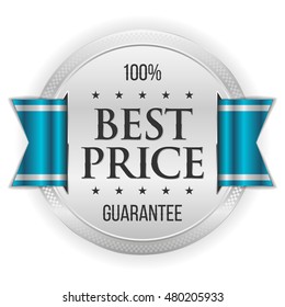 Silver best price badge / button with blue ribbon on white background