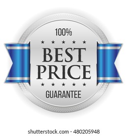 Silver best price badge / button with blue ribbon on white background