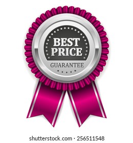 Silver best price badge with purple ribbon on white background