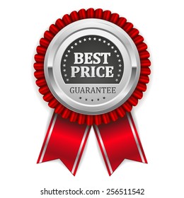 Silver best price badge with red ribbon on white background