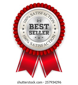 Silver best price badge with red ribbon on white background