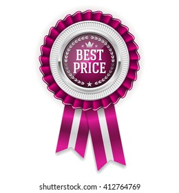 Silver best price badge, rosette with purple ribbon on white background