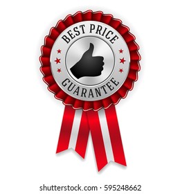 Silver best price badge / rosette with red ribbon on white background