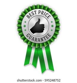 Silver best price badge / rosette with green ribbon on white background