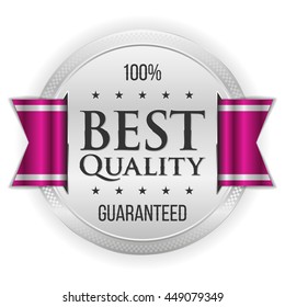 Silver best quality button,badge with purple ribbon on white background