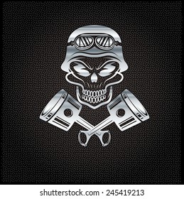 silver biker theme design template with pistons and skull in helmet