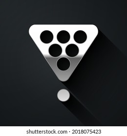 Silver Billiard balls in a rack triangle icon isolated on black background. Long shadow style. Vector Illustration