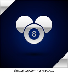 Silver Billiard pool snooker 8 ball icon isolated on dark blue background. Billiard eight ball.  Vector Illustration