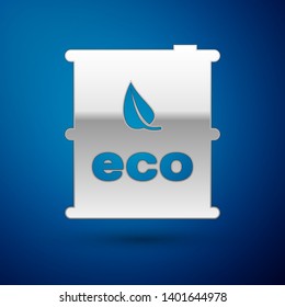 Silver Bio fuel barrel icon isolated on blue background. Eco bio and canister. Green environment and recycle. Vector Illustration