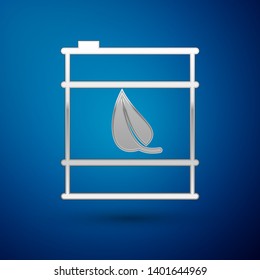 Silver Bio fuel barrel line icon isolated on blue background. Eco bio and canister. Green environment and recycle. Vector Illustration