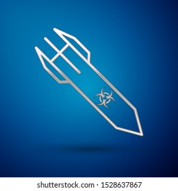 Silver Biohazard rocket icon isolated on blue background. Rocket bomb flies down.  Vector Illustration