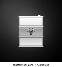 Silver Biological hazard or biohazard barrel icon isolated on black background. Radioactive garbage emissions, danger of ecological disaster. Long shadow style. Vector.