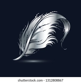 Silver bird feather icon. Decorative design element isolated on black background. Vector illustration.