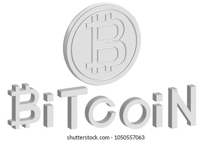 Silver bitcoin coin, crypto currency silver symbol isolated on white background, realistic vector illustration for your infographic, page, leaflet, blockchain technology. Inscription bitcoin 