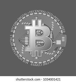 Silver bitcoin coin, vector crypto currency silver symbol isolated on grey background, blockchain technology
