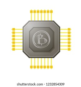 Silver bitcoin inside a geometric figure, on each side of the LAN cables. Vector image on white background.