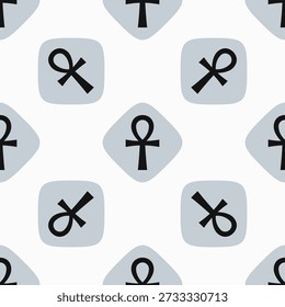 Silver, black ankh, diagonal squircle pattern. An arrangement of hieroglyphs originating in Ancient Egypt that represents life, immortality and reincarnation.