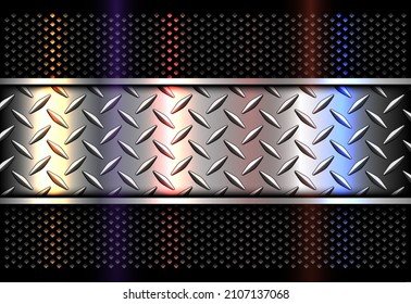 Silver black background with diamond plate texture, 3d dark vector metal design with color lights.
