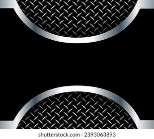 Silver black betallic background 3D with shiny button and diamond plate metal texture, vector design.
