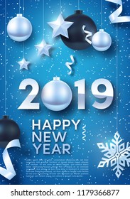 Silver and black Christmas balls with Silver stars and big Silver snowflake. Vector illustration of happy new year 2019.