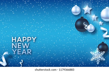 Silver and black Christmas balls with Silver stars and big Silver snowflake. Vector background for happy new year and Christmas.