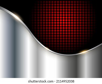 Silver black elegant background with wave and dots pattern, red halftone shiny metallic business background, vector illustration.