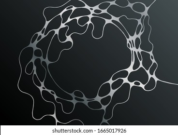 Silver black fluid structure artistic graphic design. Embossing effect. Liquid marble texture background with silver curves grid. Horizontal wallpaper. Fluid art, digital marbling. Waves texture.