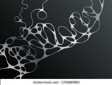Silver black fluid structure artistic graphic design. Embossing effect. Liquid marble texture background with silver curves grid. Horizontal wallpaper. Fluid art, digital marbling. Waves texture.