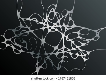 Silver black fluid structure artistic graphic design. Embossing effect. Liquid marble texture background with silver curves grid. Horizontal wallpaper. Fluid art, digital marbling. Waves texture.