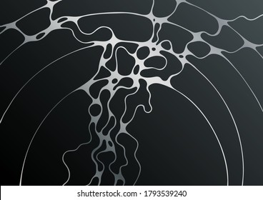 Silver black fluid structure artistic graphic design. Embossing effect. Liquid marble texture background with silver curves grid. Horizontal wallpaper. Fluid art, digital marbling. Waves texture.