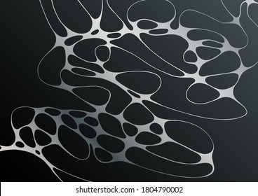 Silver black fluid structure artistic graphic design. Embossing effect. Liquid marble texture background with silver curves grid. Horizontal wallpaper. Fluid art, digital marbling. Waves texture.