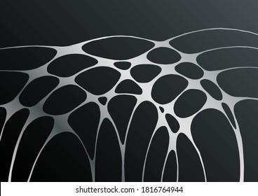 Silver black fluid structure artistic graphic design. Embossing effect. Liquid marble texture background with silver curves grid. Horizontal wallpaper. Fluid art, digital marbling. Waves texture.