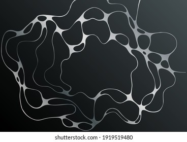 Silver black fluid structure artistic graphic design. Embossing effect. Liquid marble texture background with silver curves grid. Horizontal wallpaper. Fluid art, digital marbling. Waves texture.