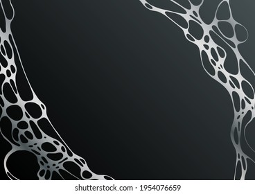 Silver black fluid structure artistic graphic design. Embossing effect. Liquid marble texture background with silver curves grid. Horizontal wallpaper. Fluid art, digital marbling. Waves texture.
