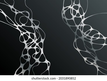 Silver black fluid structure artistic graphic design. Embossing effect. Liquid marble texture background with silver curves grid. Horizontal wallpaper. Fluid art, digital marbling. Waves texture.