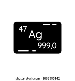 Silver black glyph icon. Precious metal. Bullion for deposit. Heavy industrial production. Treasure value. Atomic number of element. Silhouette symbol on white space. Vector isolated illustration