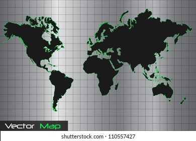 Silver, Black and Green World Map Vector Illustration
