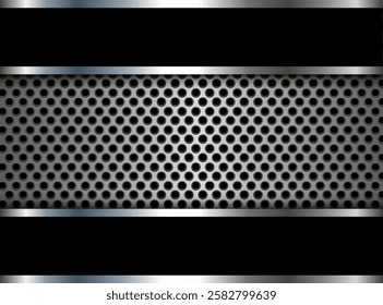 Silver black metal 3D background, shiny metallic design with holes, dots pattern, vector illustration.