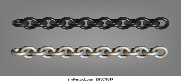 Silver and black metal chains in different angles. 3d realistic illustration. Jewelry set