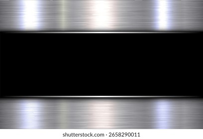 Silver black metallic background, black banner on brushed metal chrome pattern texture, 3D abstract industrial background, vector illustration.