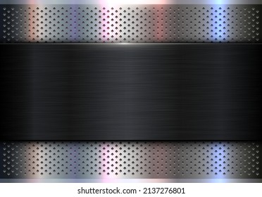 Silver Black metallic background, brushed metal banner on perforated pattern back, 3D dark plate texture vector illustration.