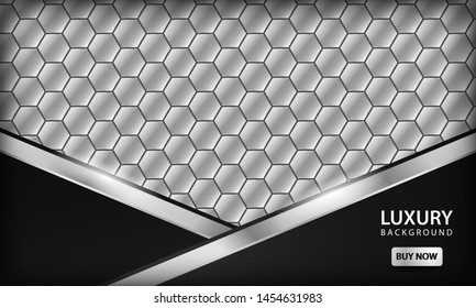 Silver and black metallic corporate background. Elegant luxury realistic metal template with modern hexagon geometric pattern.